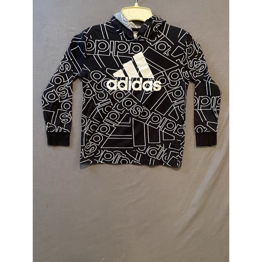 Adidas Hooded Shirt Boys Medium (10/12) Black All Over Print Pullover Hoodie